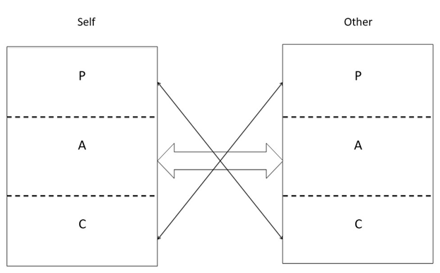 Image - an arrangement of boxes and arrows.  On the left, under heading 'Self' there are three boxes arranged one on top of the other. First P (for Parent), then A (for Adult), then C (for Child).  Opposite, there are the same arrangement of boxes, this time under the heading 'Other’.  A wide arrow connects A on the left to A on the right, and a fine double-ended arrow connects P under ‘Self’ to C under ‘Other’ diagonally across the image. A fine double ended arrow also connects P under ‘Other’ to C under ‘Self’, diagonally in the other direction.