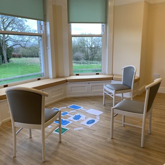 Three empty chairs with white and blue sheets of paper on the floor between them, connected by paper arrows, as in a CAT map. The chairs are in a bay window overlooking a grassy view with trees and shrubs beyond.